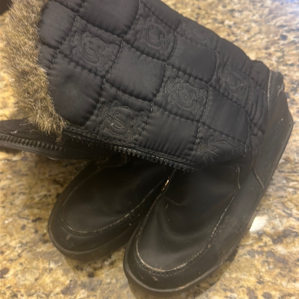 O.   Juicy Couture snow boots,  7.5 knee height faux fur lined black